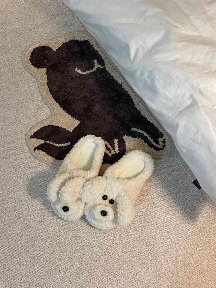 ナチュラルなトーンのバルコニーフロアにクマの形のラグとかわいいふわふわの犬のスリッパが置かれた雰囲気ある空間