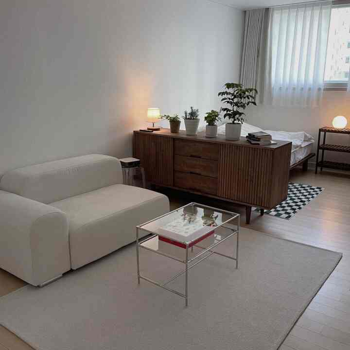 明るくナチュラルなトーンのワンルーム、シンプルなソファと木製家具、カーテンと植物が配置された雰囲気のあるインテリア