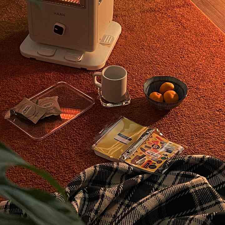 Cozy living room floor with warm orange rug, electric heater, plaid blanket, white mug, and bowl of tangerines