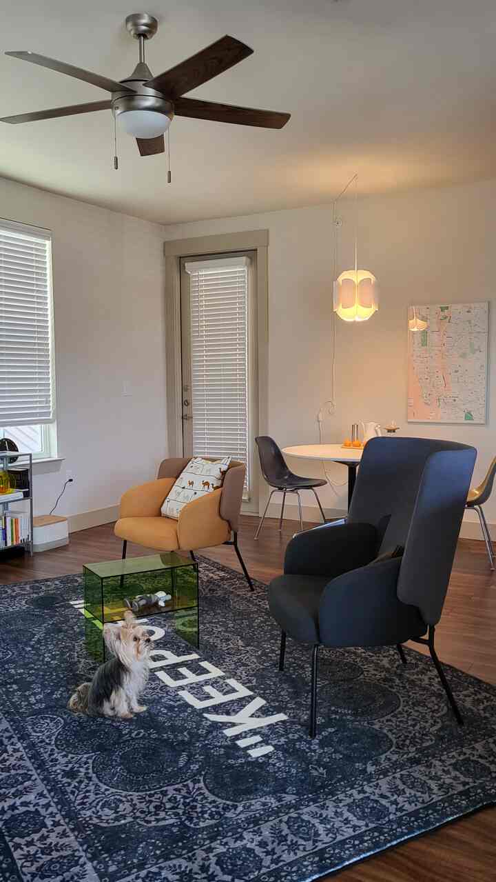 アメリカに住んでいますが、半住宅型のタウンホームです。家はとても大きくはありませんが、リビングルームが長方形に長く抜けていて、空間活用が難しいです。そのため斜めにラグを置いてダイニングルームとリビングルームを分離しました。それは大胆な試みだったと思います。

また全体的に無彩色の家よりはギャラリー感を与えたくて自由な雰囲気を演出してみました。どうでしょうか？