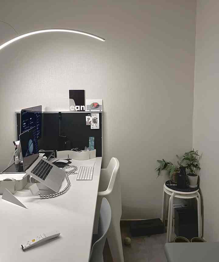 Simple modern studio apartment home office with white and black tones, featuring a large desk, monitors, and plants