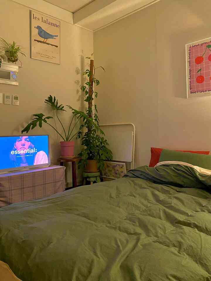 ベージュ色調の壁とグリーンの掛け布団カバーがある寝室、左側に植物が配置された雰囲気のある空間