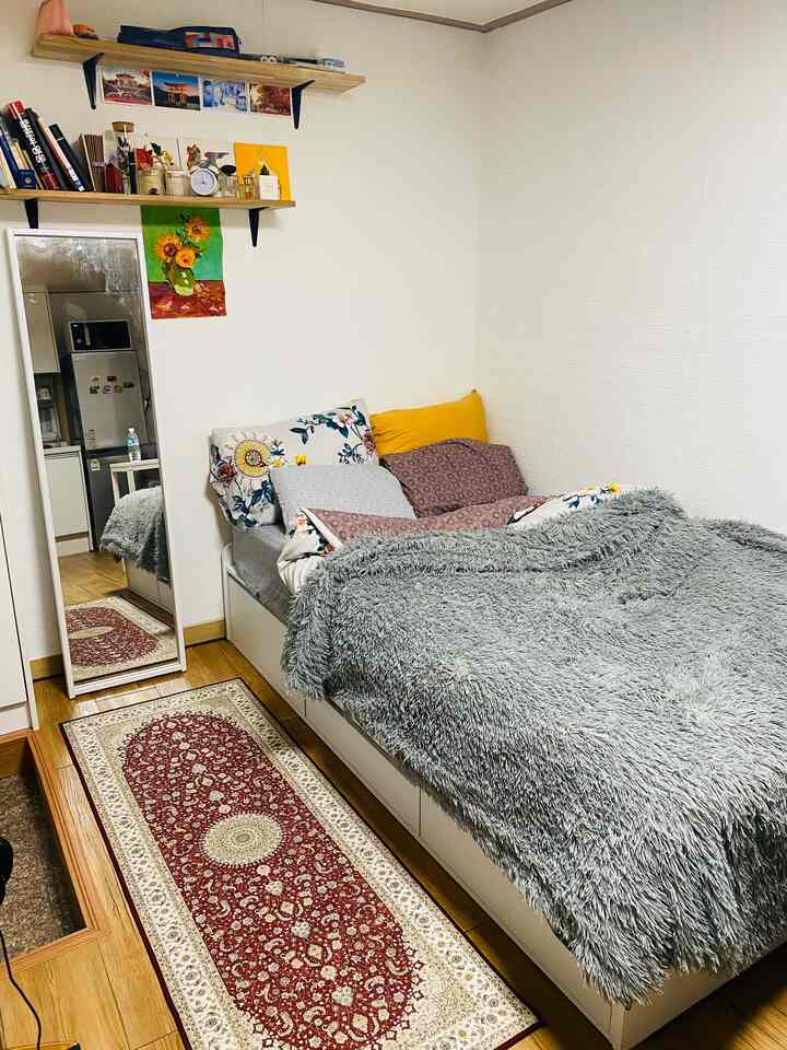 ナチュラルなブラウンとホワイトのトーンのワンルーム寝室、枕を配したベッドと全身鏡、床にはペルシャ風ラグが敷かれた雰囲気のあるインテリア