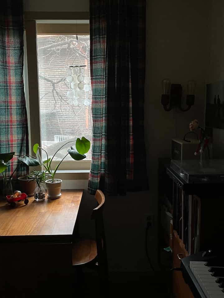 Natural-toned living room featuring wooden desk and chair, plaid curtains, and plants creating a cozy atmosphere