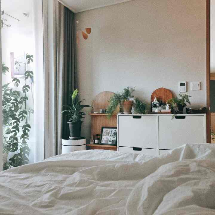 White bedroom with greenery by the veranda and natural furniture creating a calm, natural atmosphere