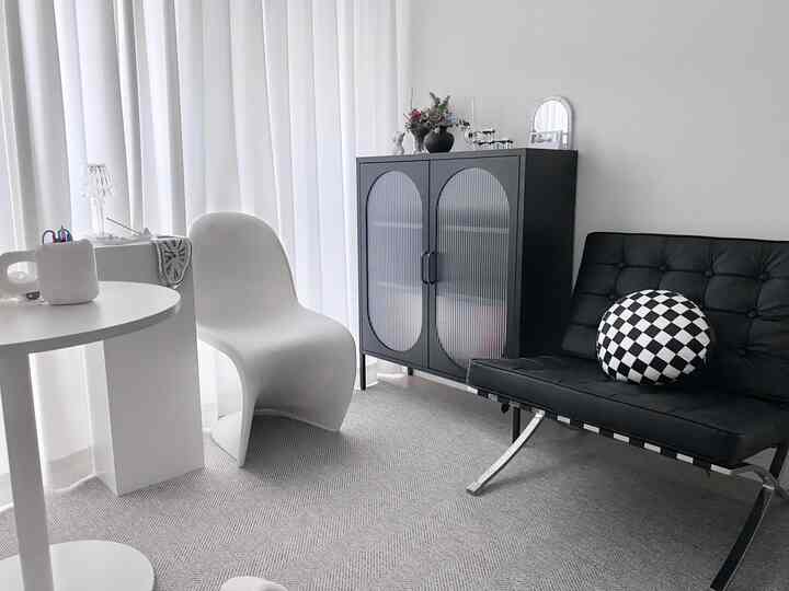 Monotone black and white studio living room featuring modern furniture and patterned cushion creating a clean, harmonious space
