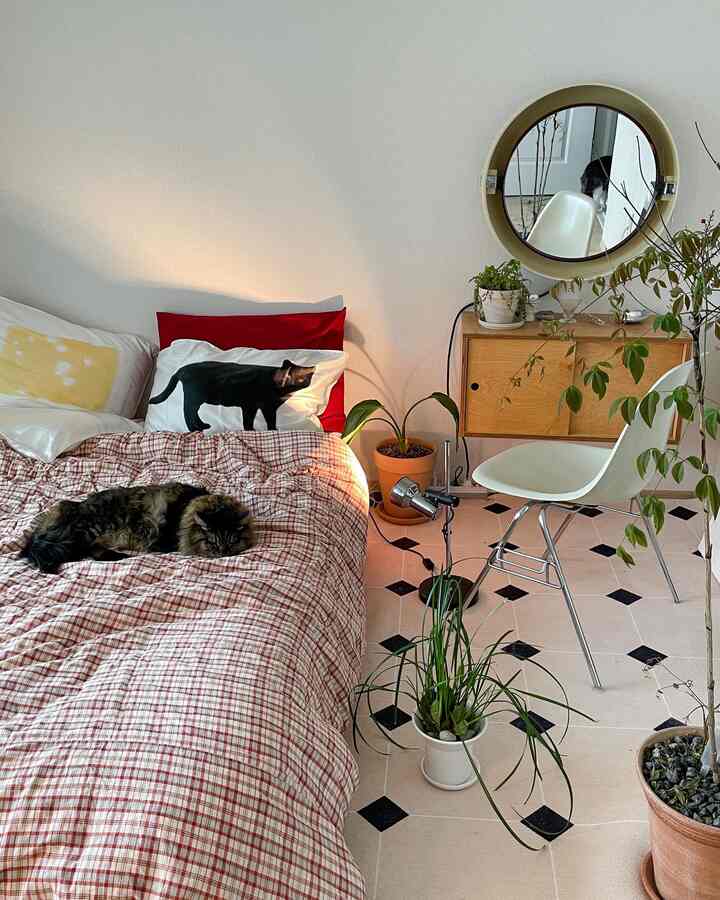 Small bedroom with white walls, brown wooden vanity, checkered bedding, and cat-themed pillows in natural modern style