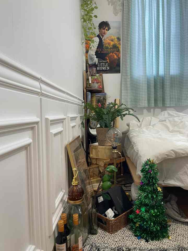 White-toned bedroom featuring wainscoting walls, green-check curtains, assorted storage boxes, and plants creating a cozy atmosphere