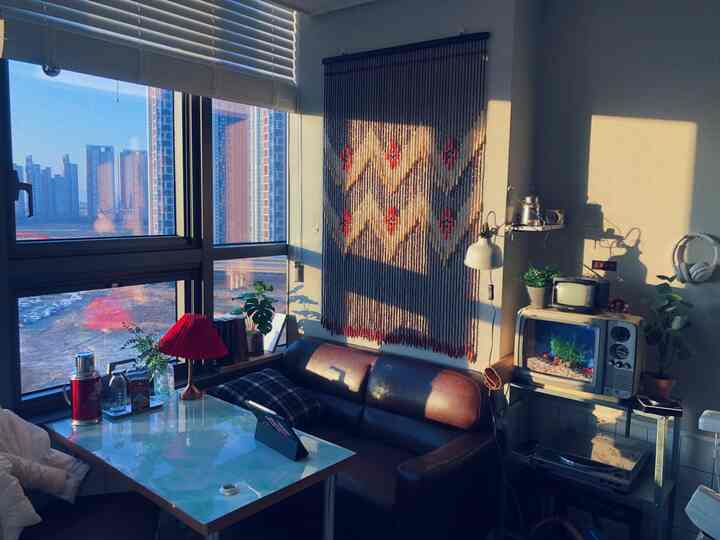Cozy small living room with brown sofa, red table lamp, natural light, and plants near large windows