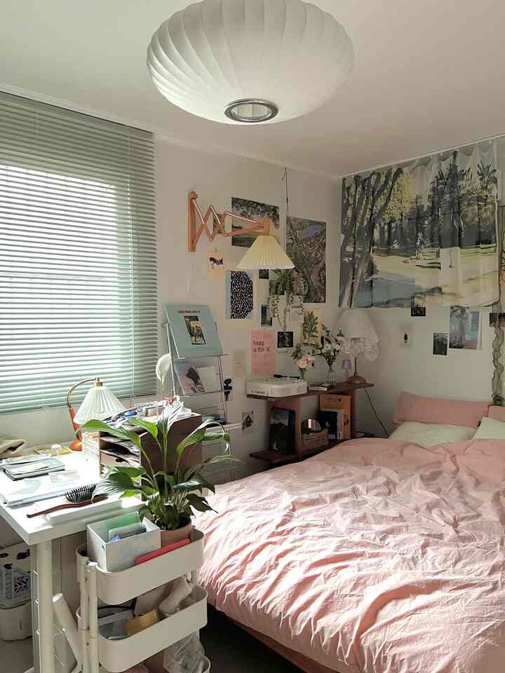 White-walled studio bedroom featuring pink bedding, desk, and plant creating a cozy atmosphere