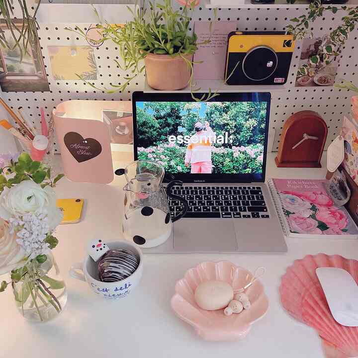Cozy remote work desk space featuring a white and pink toned desk with laptop and plants