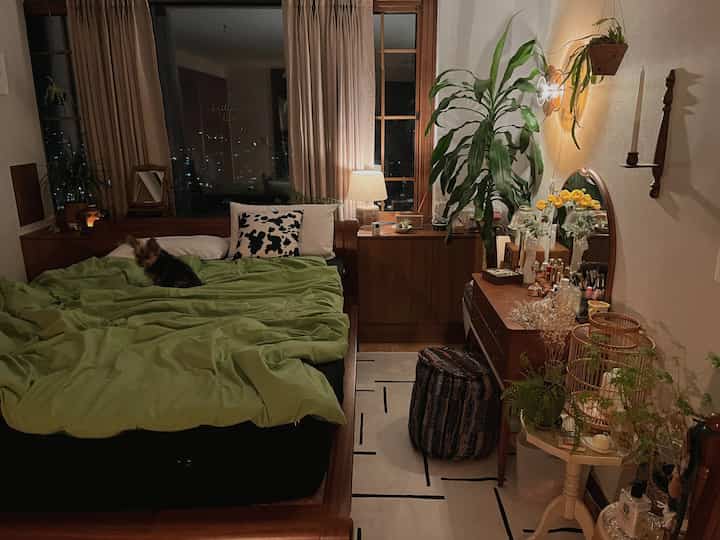 Cozy bedroom featuring natural wood tones and green color accents, with a dog sitting on the bed