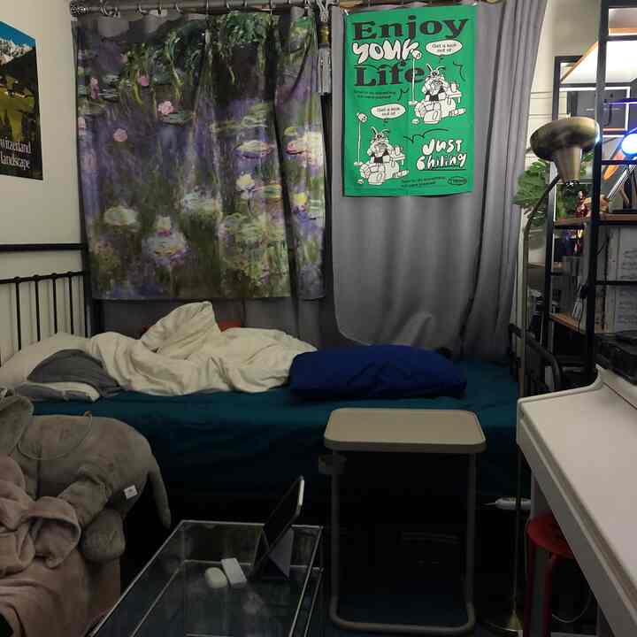 Compact 6-tatami bedroom with a blue bed and white blanket, decorated with posters and large curtains on the walls