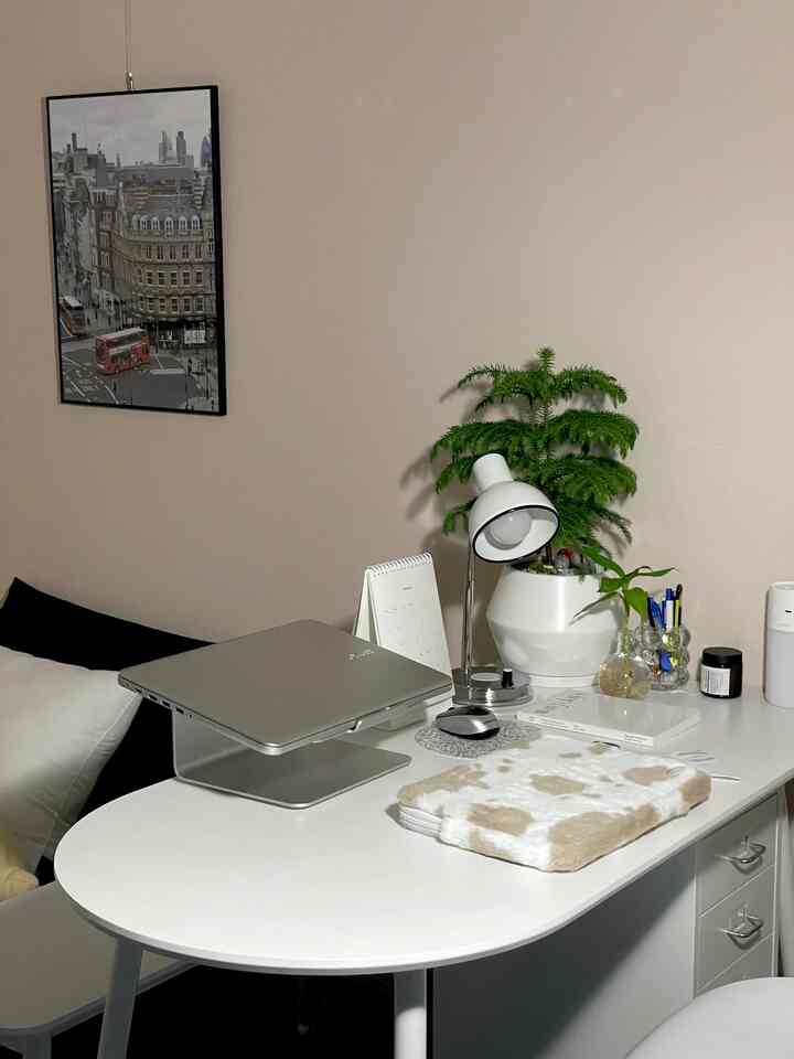 White-toned home office space featuring a desk with laptop stand, table lamp, and green plant creating a tidy workspace