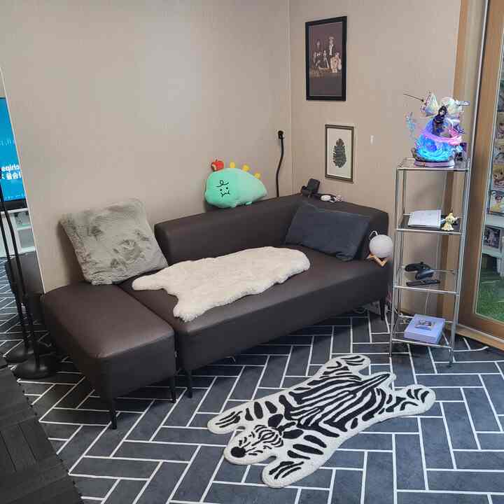 ナチュラルカラーのコンパクトな部屋にダークブラウンのソファとヘリンボーン柄のラグが配置された落ち着いた空間