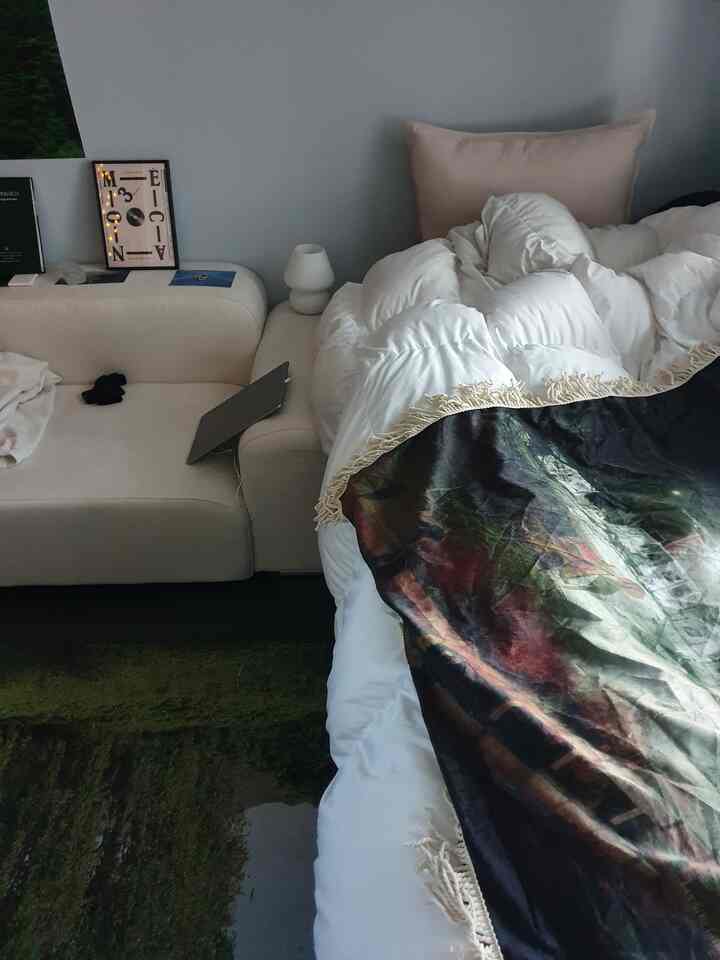 White and green toned studio apartment bedroom featuring a sofa, bed, and cozy throw blanket