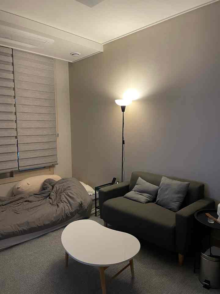 モノトーンのグレー調ワンルーム、グレーのソファとベッド、木製テーブルが配置されたシンプルでモダンなインテリア