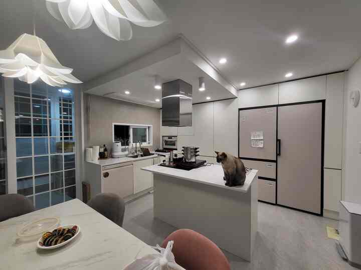 Modern kitchen space in kota white and light gray tones featuring a kitchen island, built-in sink, and a cat sitting on the countertop
