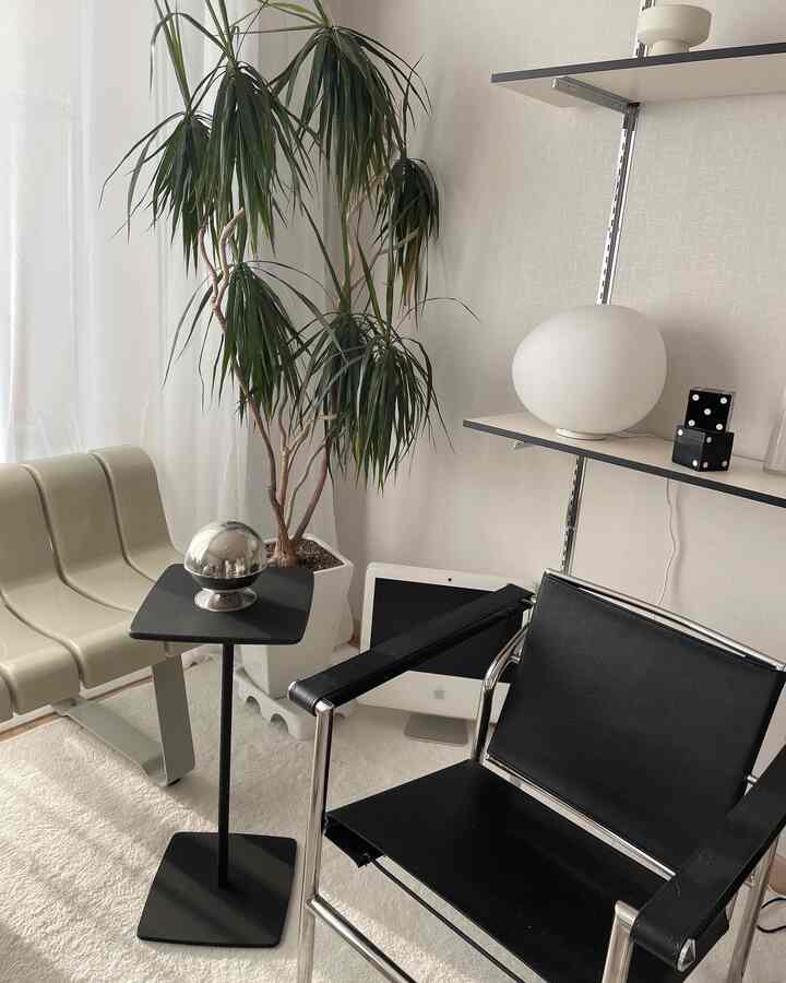 白と黒のトーンが特徴的なリビング、モダンな椅子とサイドテーブル、大きな観葉植物が配置されたナチュラルモダンスタイルのインテリア