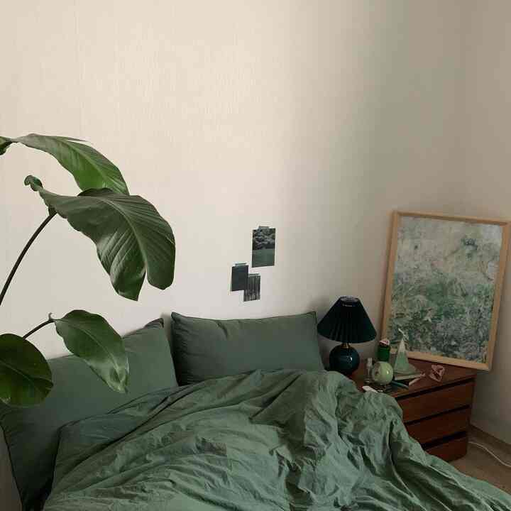 ディープグリーンの寝室、広いベッドとナイトテーブル、額縁が調和したシンプルでナチュラルな雰囲気のインテリア