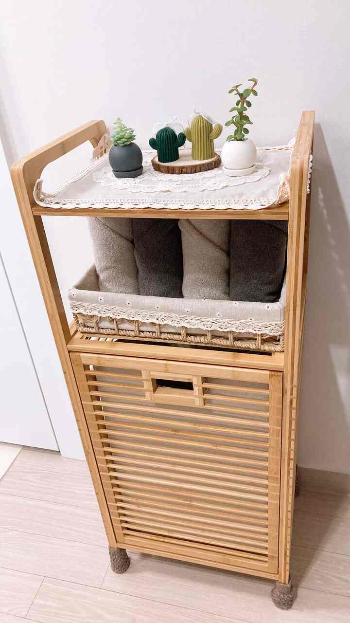 ウッドトーンのナチュラルなバスルーム入口にタオル収納とミニ多肉植物が置かれた雰囲気のあるインテリア