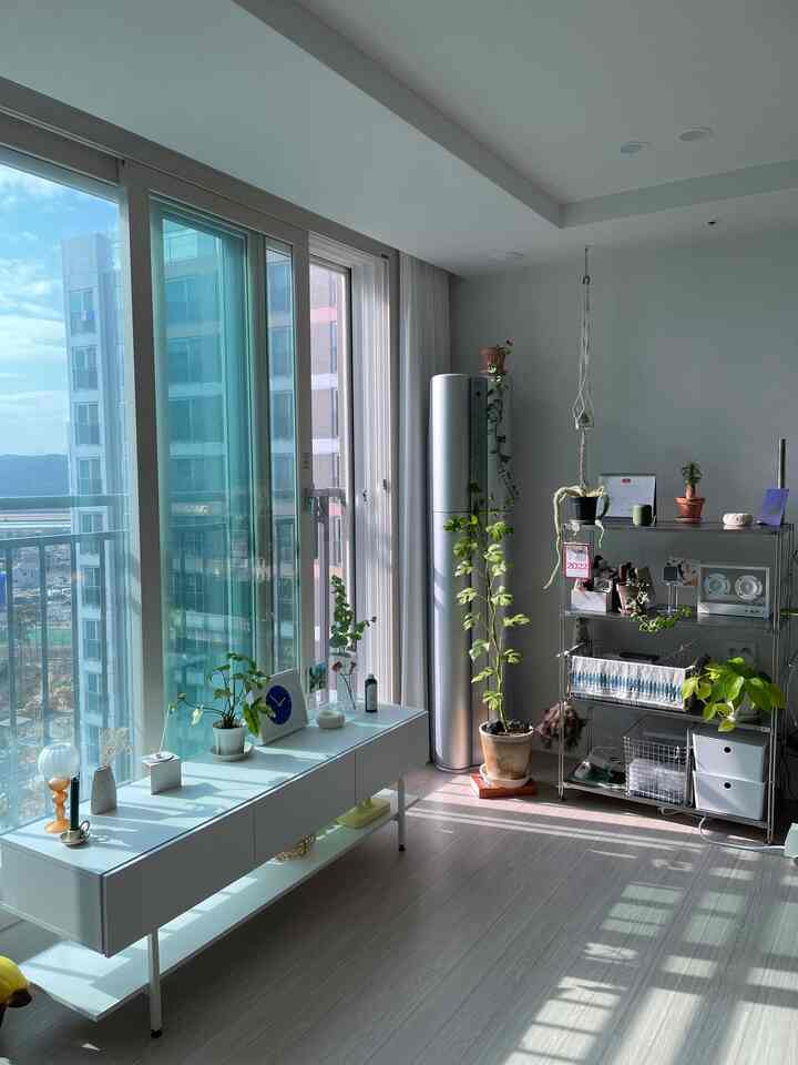 白とナチュラルカラーが調和したリビング、大きな窓と収納棚、植物が配置された雰囲気のあるモダンなインテリア