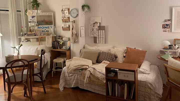 Natural toned living room and bedroom for two, featuring a sofa bed and wooden dining table in a cozy space
