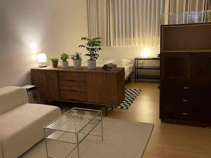 ウッドトーンと白を基調とした一人暮らし向けのリビング兼寝室空間、シンプルモダンなソファとベッド、植物の置かれた木製チェストが配置された落ち着いた雰囲気のインテリア