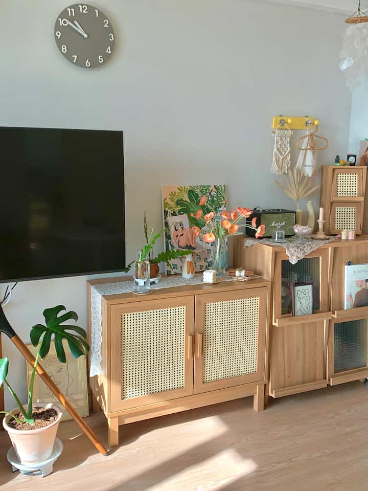 Natural brown-toned living room featuring rattan storage cabinets and plants with warm, bright atmosphere
