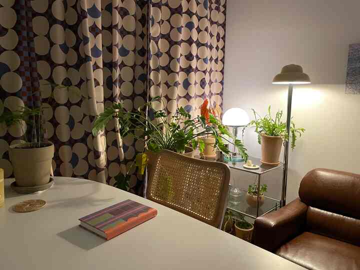 Living room featuring brown leather sofa, multiple indoor plants, patterned blackout curtains, and modern lighting fixtures creating a cozy atmosphere