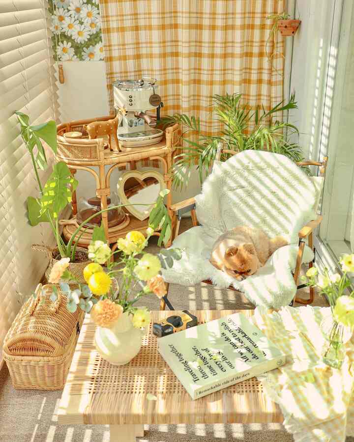 明るい黄色のチェックカーテンとナチュラルな木調家具があるリビング、ふわふわの犬が椅子に横たわる印象的な空間