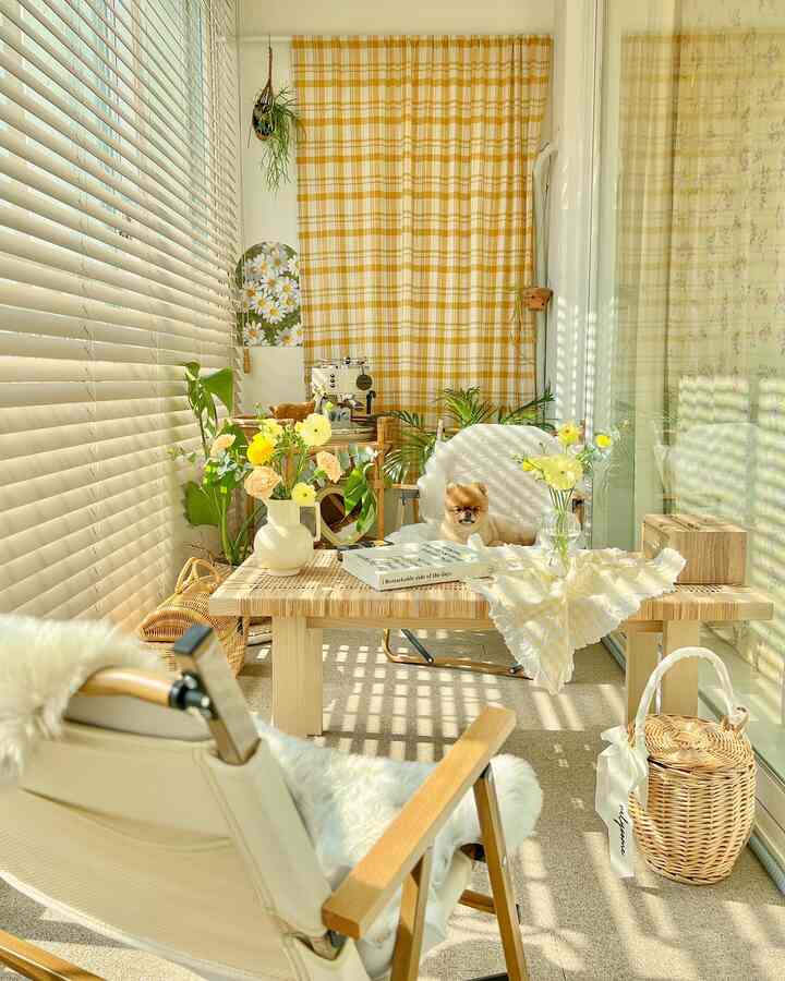 Warm natural tone veranda featuring rattan furniture and a small dog creating a cozy interior atmosphere