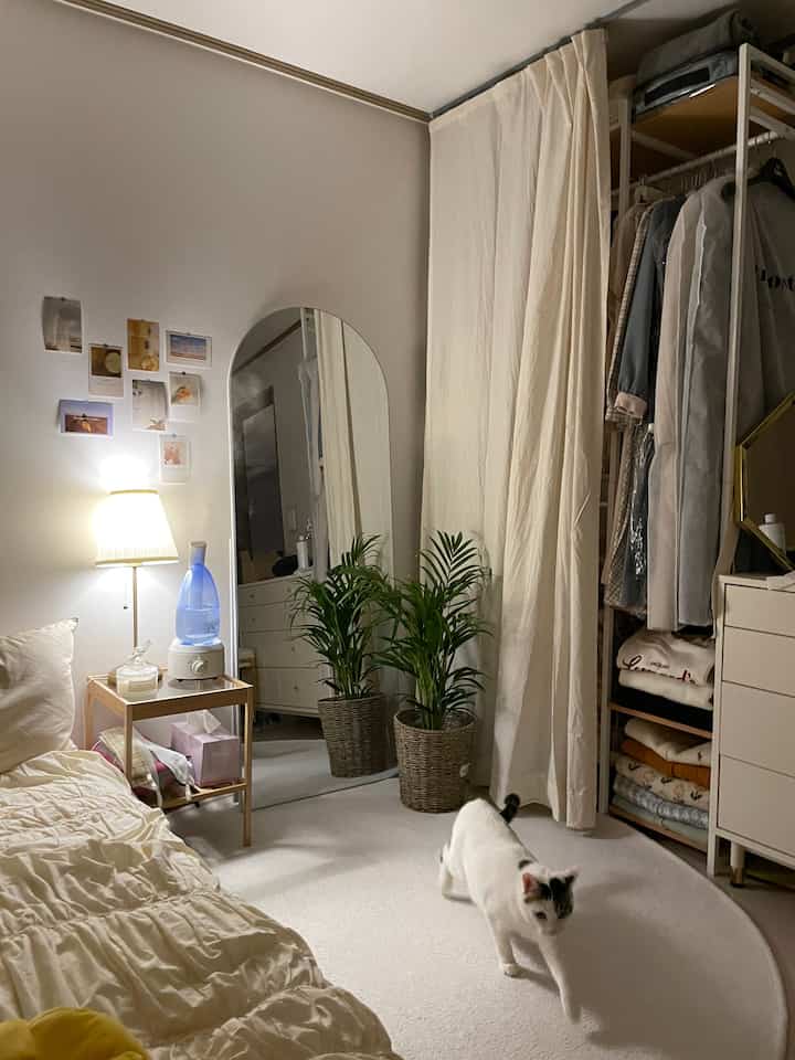 Soft white and natural-toned walk-in closet space, featuring wardrobe, curtains, cozy bedroom atmosphere with a white cat