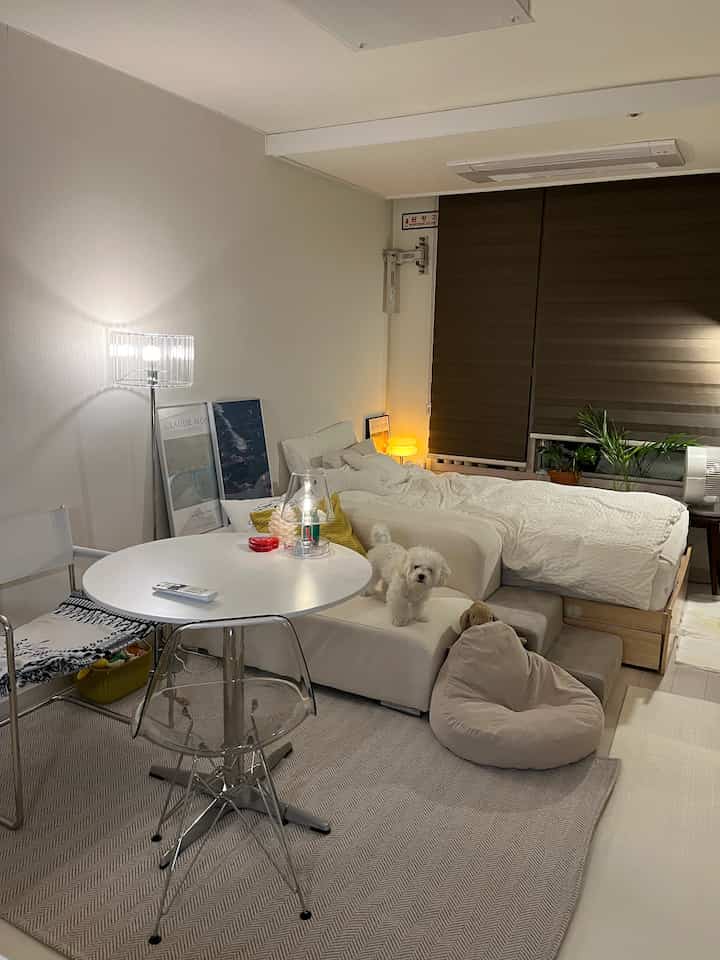Natural-toned small bedroom featuring beige and white sofa bed, round dining table, and cozy ambient lighting