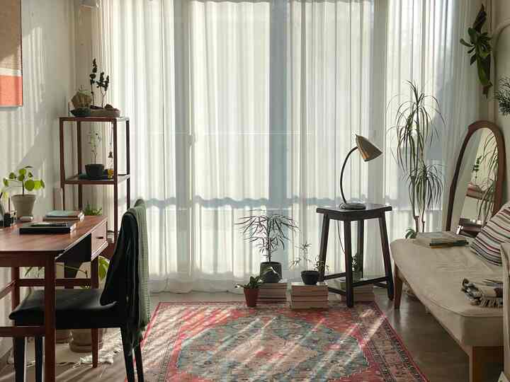 Warm wood tone vintage rug study-living room with plants arranged for a natural, cozy ambiance