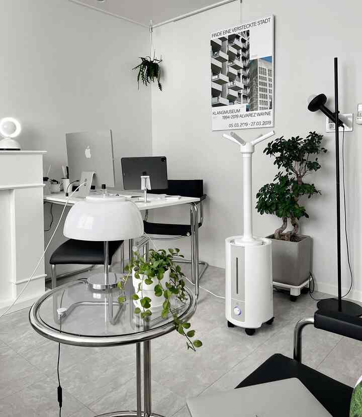 White-toned home office featuring a modern desk, office chair, and green plants creating a fresh atmosphere