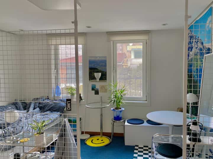 Studio apartment with blue carpet and room divider, featuring plants and a round dining table in a cozy setting