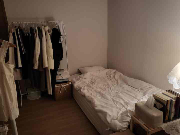 ナチュラルな色調の狭い寝室、マットレスとハンガーラックが配置された印象的で居心地の良いインテリア