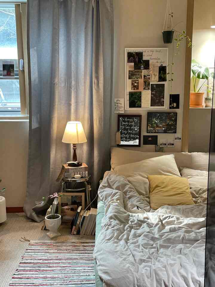 Light gray toned bedroom featuring bright curtains, a stool, and plant stands creating a cozy atmosphere