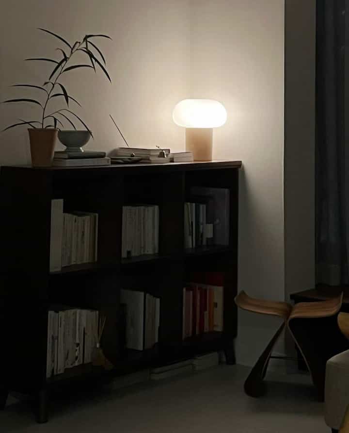 Cozy study space with brown wooden bookshelf and lamp arranged in a natural tone setting