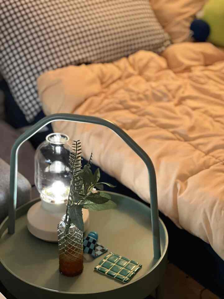 Bedroom with light brown bedding and navy bed frame; cozy setting featuring side table with table lamp and plant