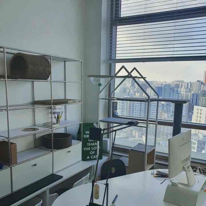 白と黒を基調としたホームオフィス空間、窓際にキャットタワーとスクラッチャーが配置されたすっきりしたインテリア