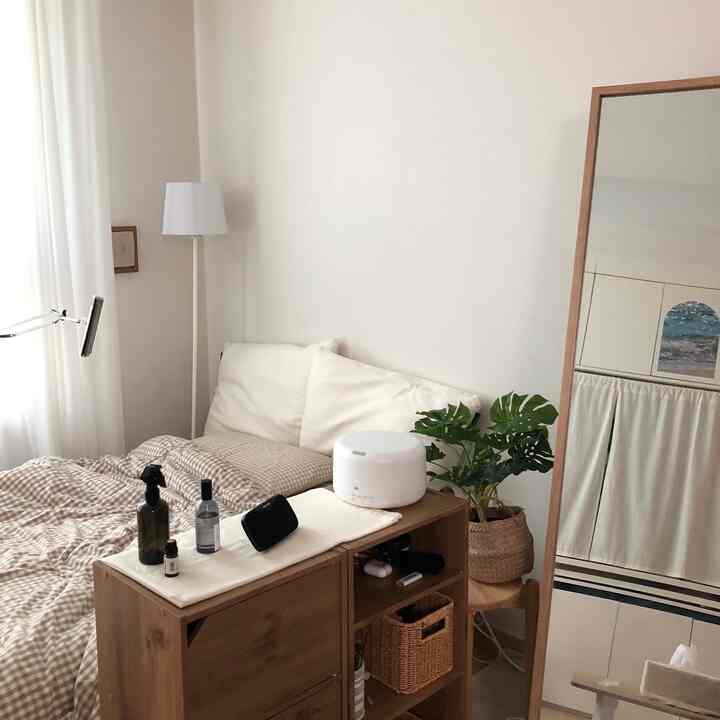 White and brown toned studio bedroom featuring natural furniture and a plant creating a cozy interior space