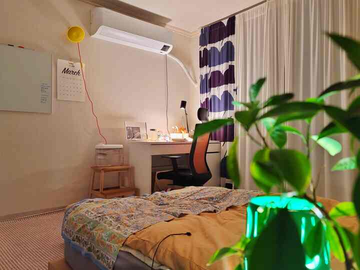 Yellow and white toned bedroom with desk, office chair, wooden step stool, and plants creating a cozy natural atmosphere