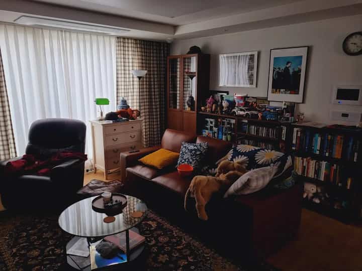 Vintage-style living room with brown leather sofa and round glass coffee table, featuring bookshelves and decorative items in a cozy atmosphere
