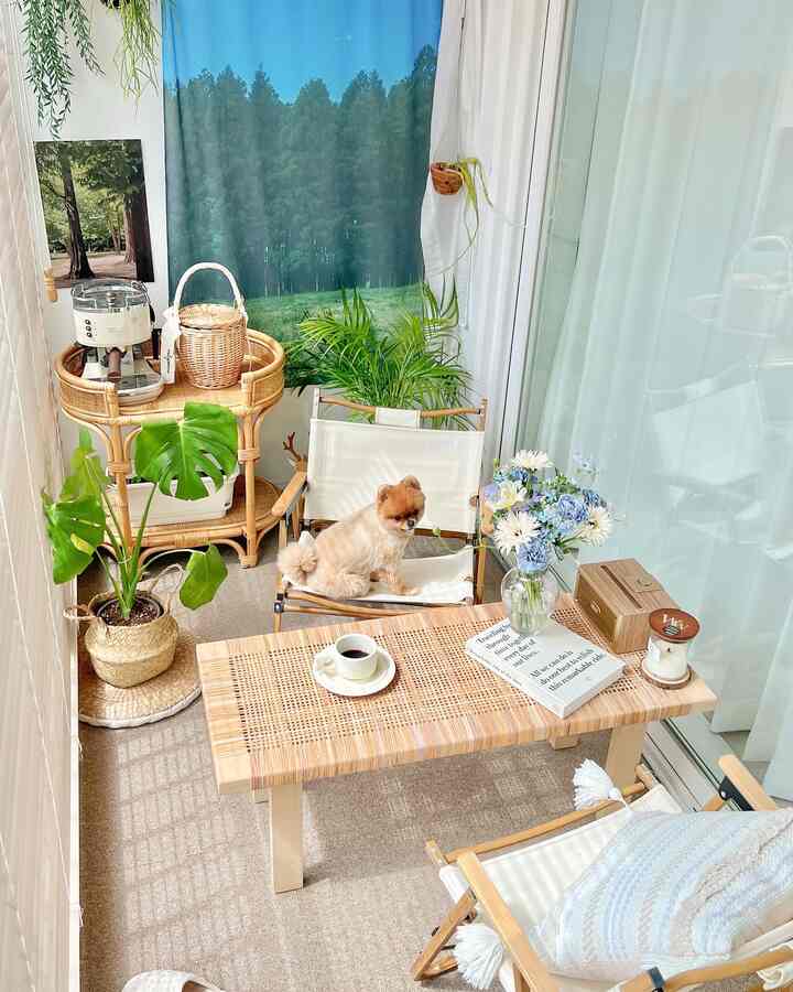Natural-toned veranda featuring a rattan table, white fabric chairs, and a small dog creating a fresh home cafe atmosphere