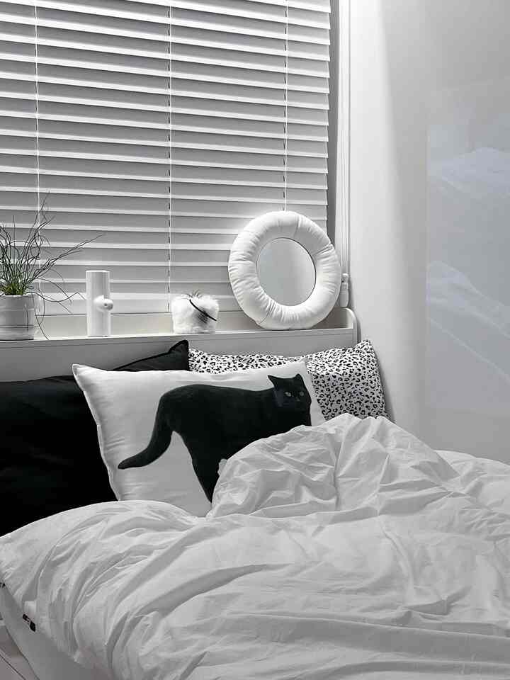 A white and black toned bedroom featuring pillows and bedding, creating a simple and modern atmosphere