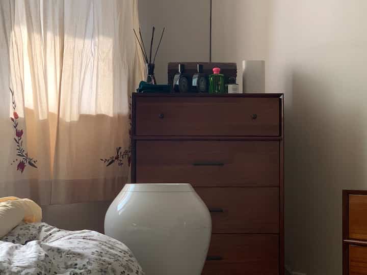 Warm beige and brown toned bedroom corner featuring a dresser and curtains creating a cozy atmosphere