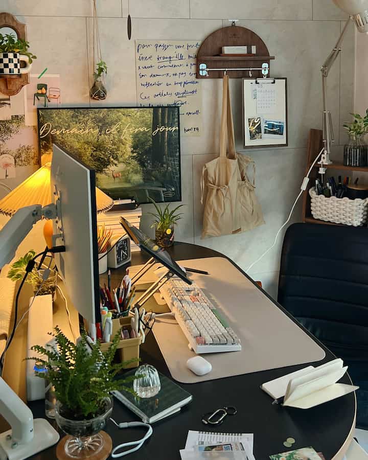 Natural wood tones and green plants in a compact home office featuring monitors, desk, and office chair in a cozy workspace