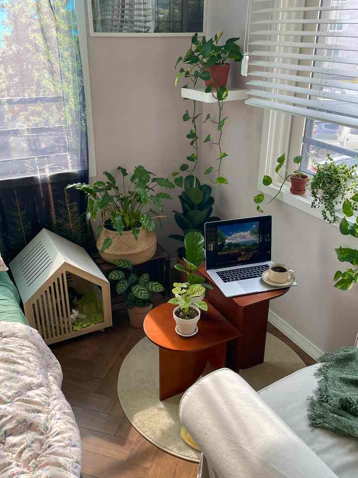 やわらかな木目調と植物が調和する寝室、窓際のテーブルにノートパソコンとペットハウスが置かれた雰囲気のあるインテリア